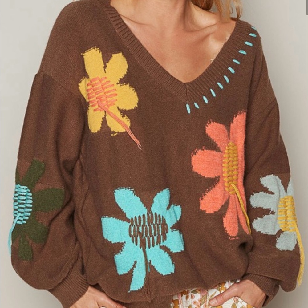 New POL Floral embroidered brown sweater